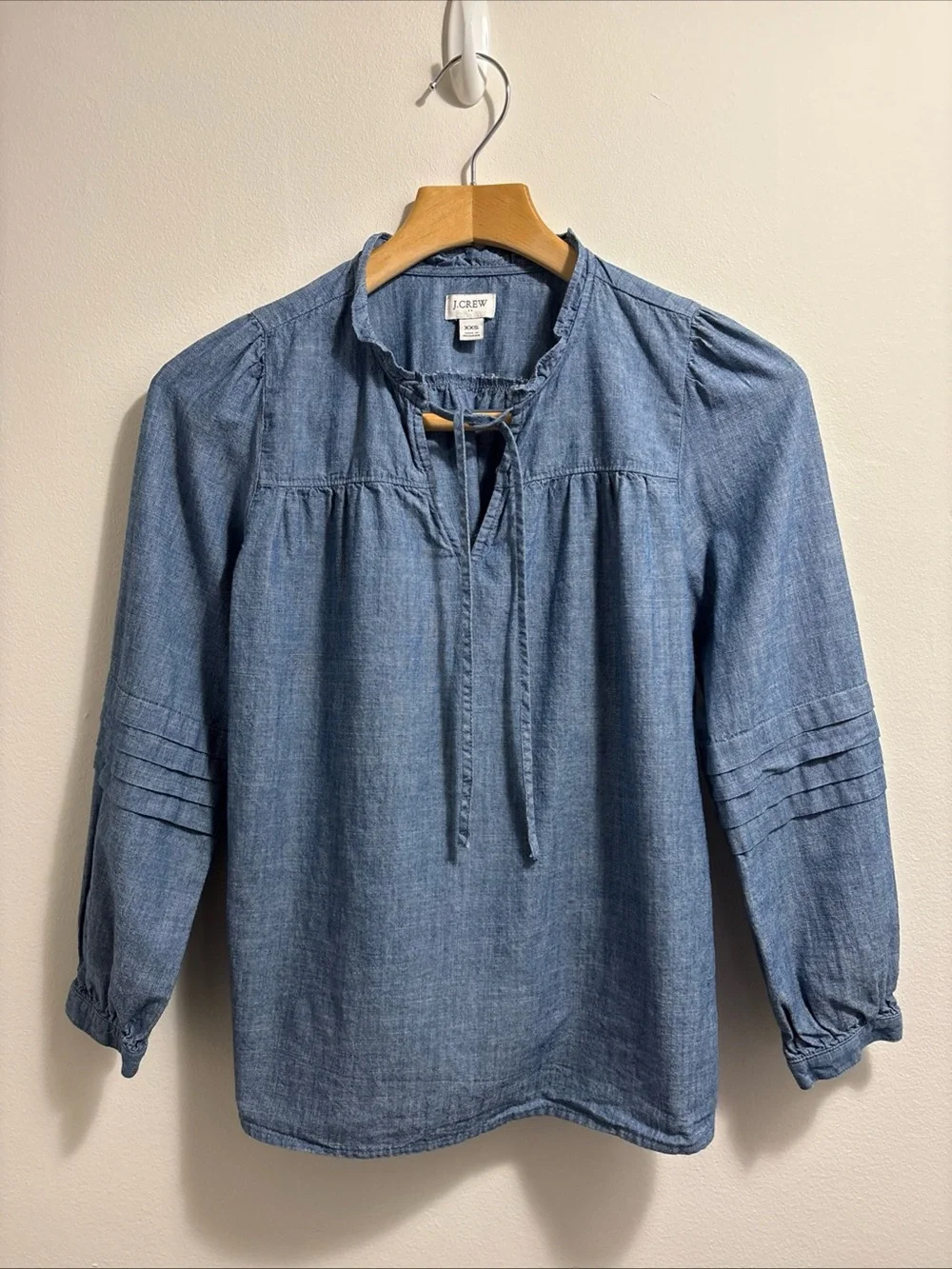 J.Crew Popover Chambray Ruffle Neck Peasant Top Womens XXS Long Sleeve Cotton - Picture 9 of 16